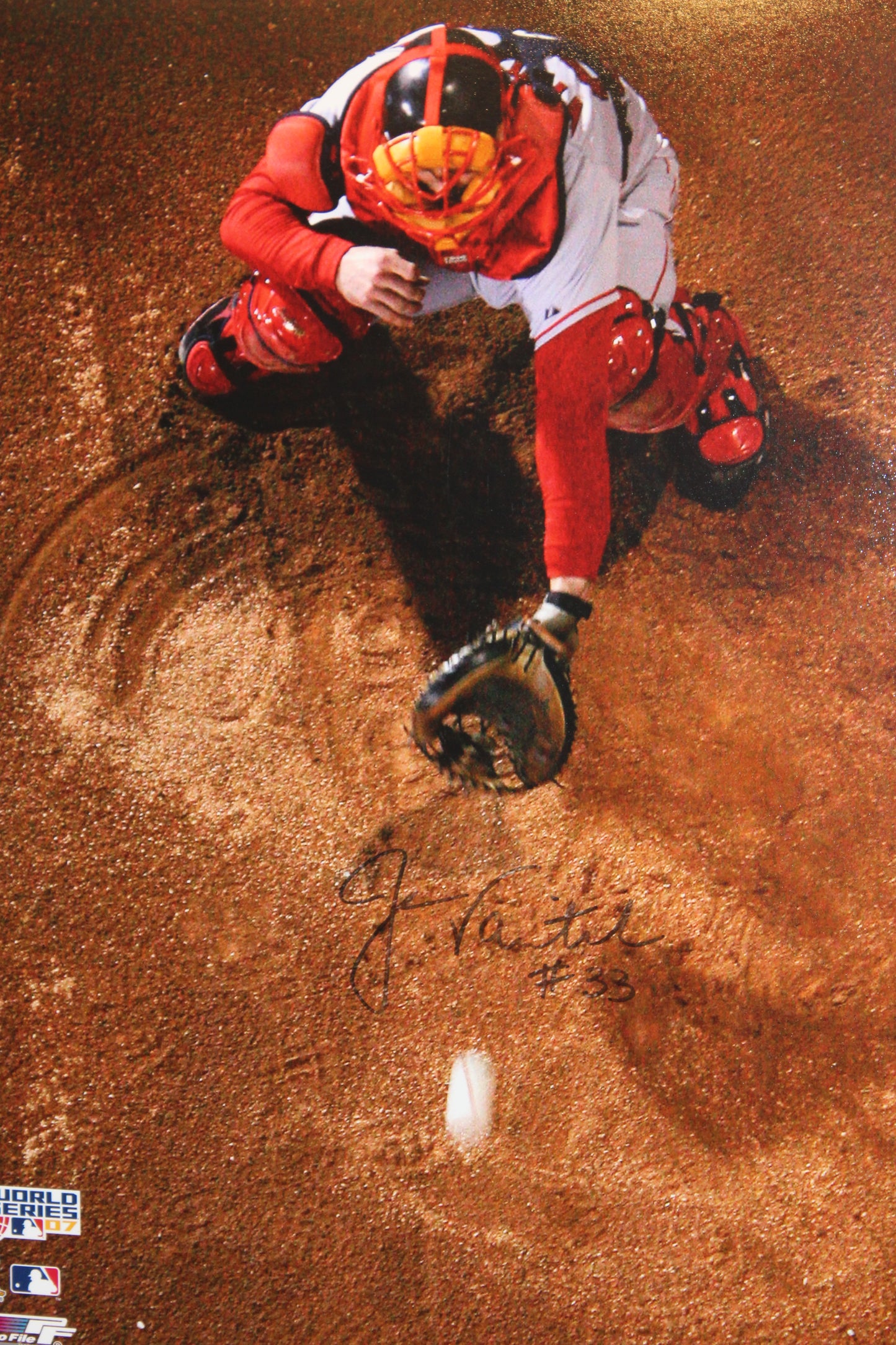 Jason Varitek Overhead Catcher Signed and Framed 24x28 Picture