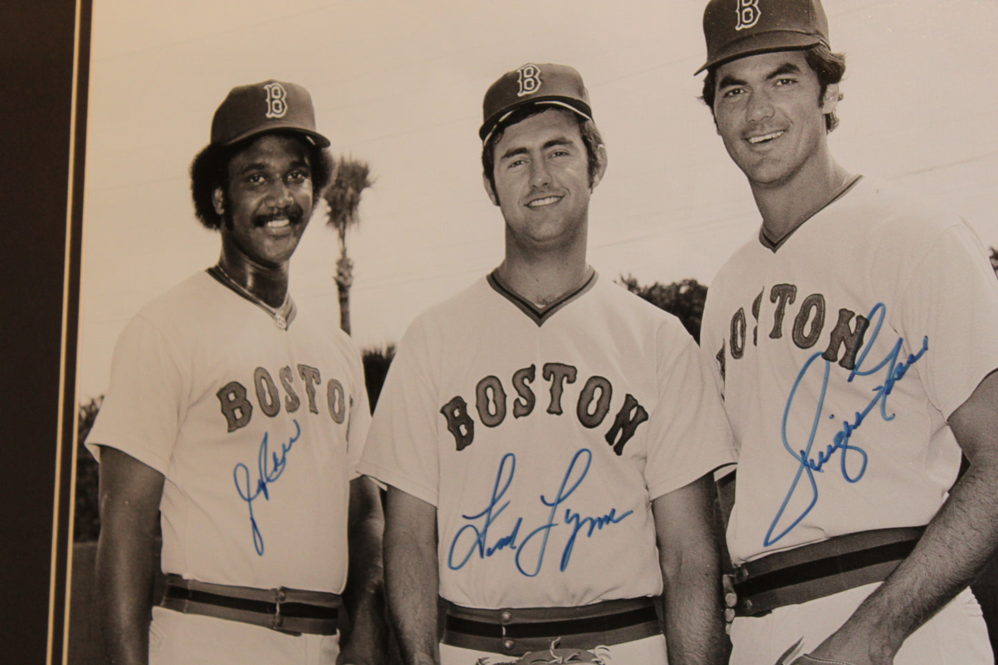 Framed Black-and-White Photograph Signed by Jim Rice, Fred Lynn, and Dwight Evans (1975) 22x26