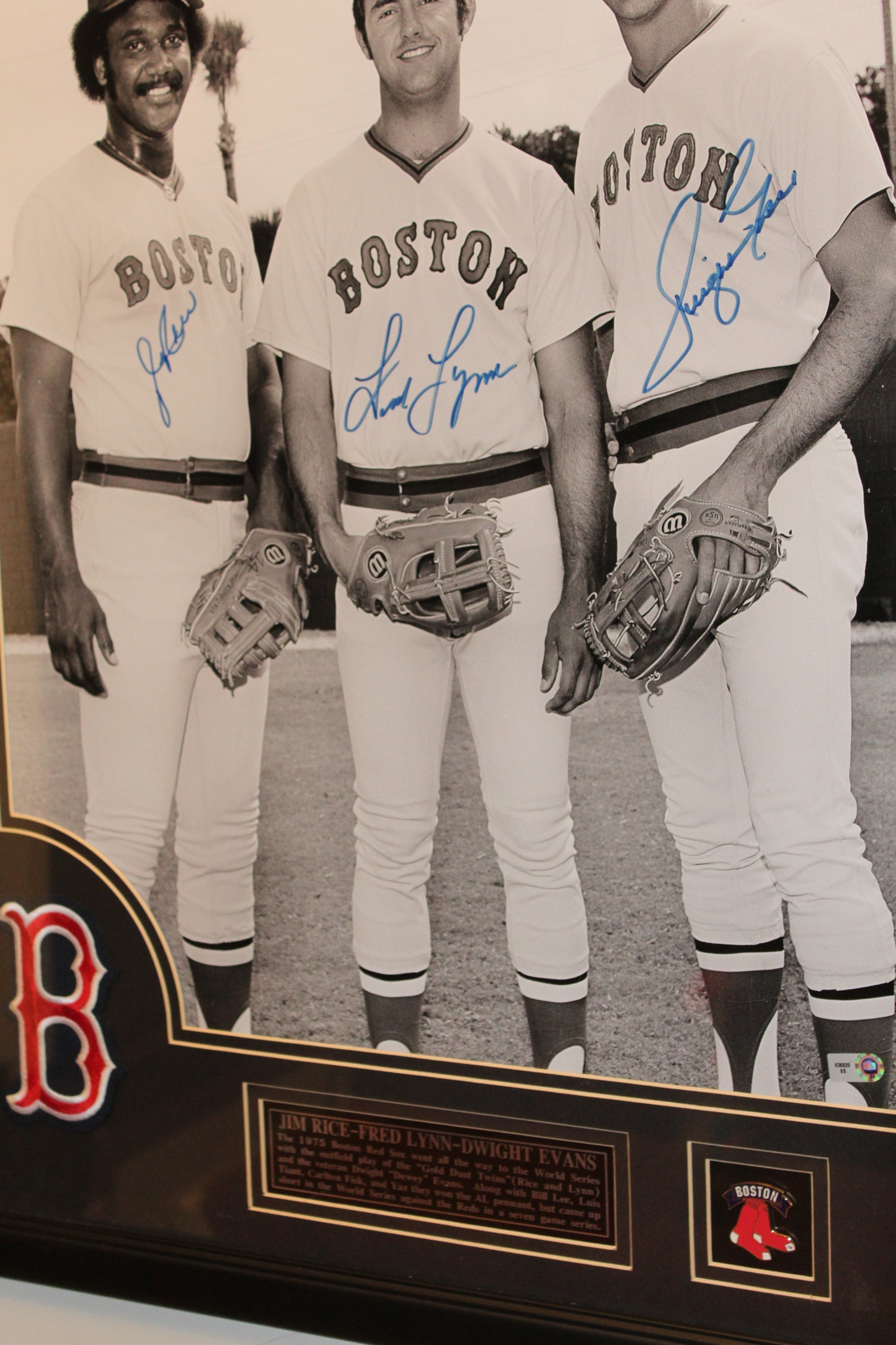 Framed Black-and-White Photograph Signed by Jim Rice, Fred Lynn, and Dwight Evans (1975) 22x26