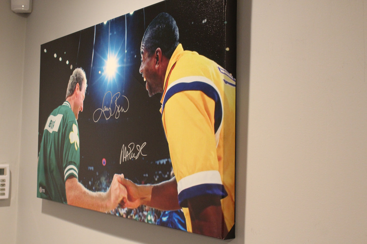 Magic Johnson and Larry Bird Signed Picture Canvas 34x20