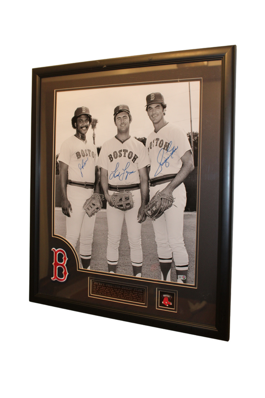 Framed Black-and-White Photograph Signed by Jim Rice, Fred Lynn, and Dwight Evans (1975) 22x26