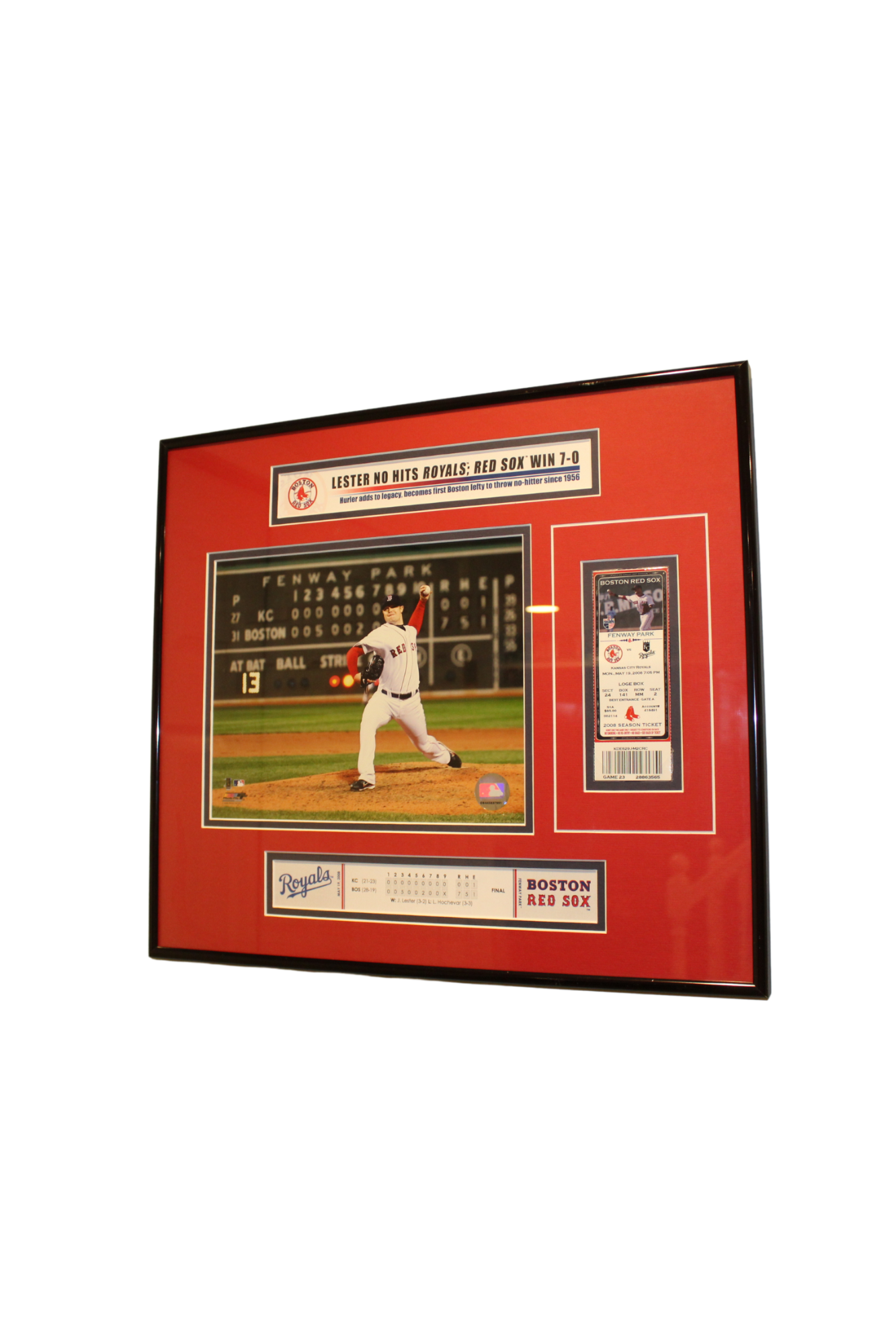 Jon Lester Signed No-Hitter Commemorative Picture with Boston Globe Sports Cover 18x16 and Game-Used Ticket Display