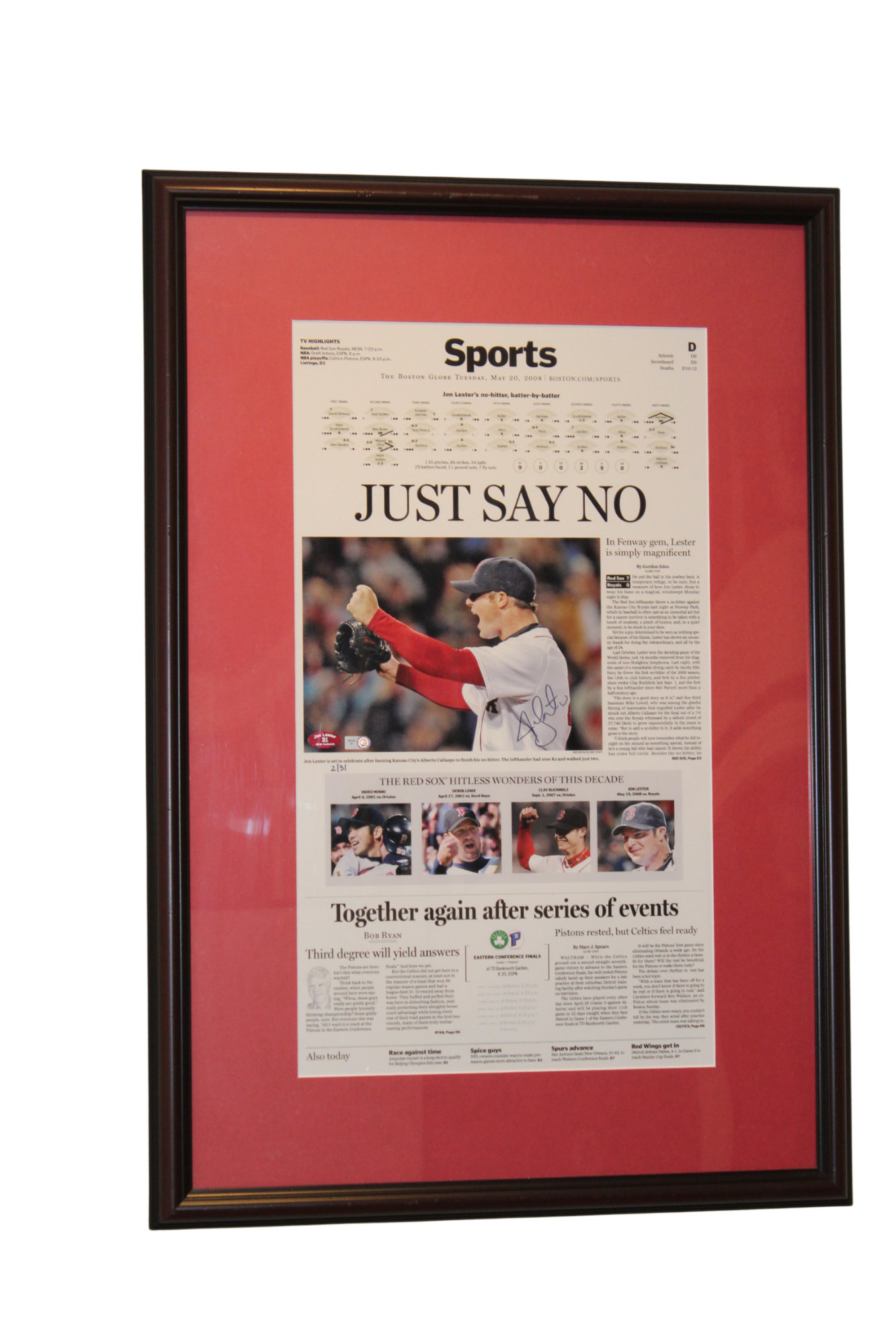 Jon Lester Signed No-Hitter Commemorative Picture with Boston Globe Sports Cover 18x16 and Game-Used Ticket Display