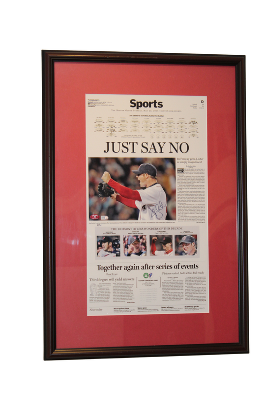 Jon Lester Signed No-Hitter Commemorative Picture with Boston Globe Sports Cover 18x16 and Game-Used Ticket Display